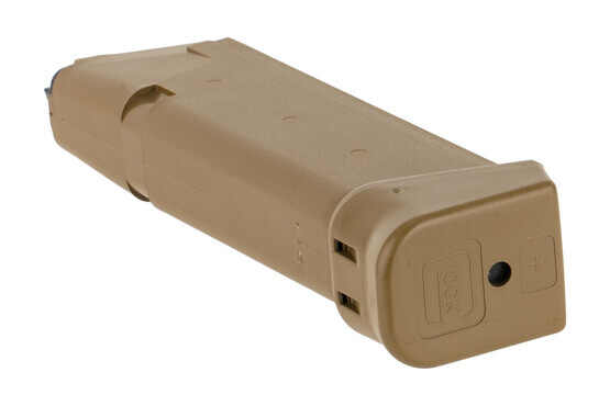 Glock 9mm G19x magazine holds 19-rounds of ammo with coyote finish and extended base plate